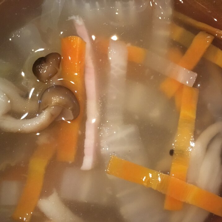 白菜と人参と大根としめじとベーコンのスープ